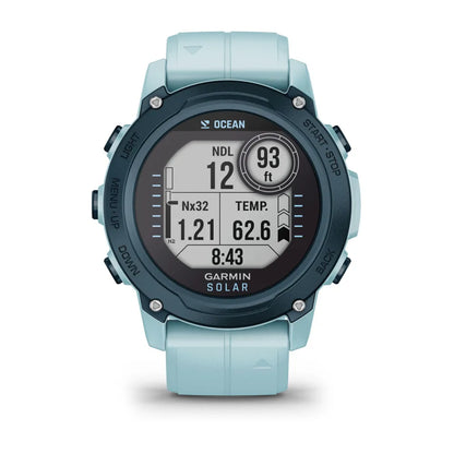 Garmin Descent G1 Solar - Ocean Edition, displaying various diving metrics including NDL, depth, temperature, and time.