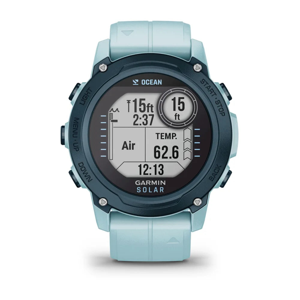 Garmin Descent G1 Solar - Ocean Edition smartwatch displaying depth, air temperature, and time on its screen, featuring a light blue strap and a rugged design.
