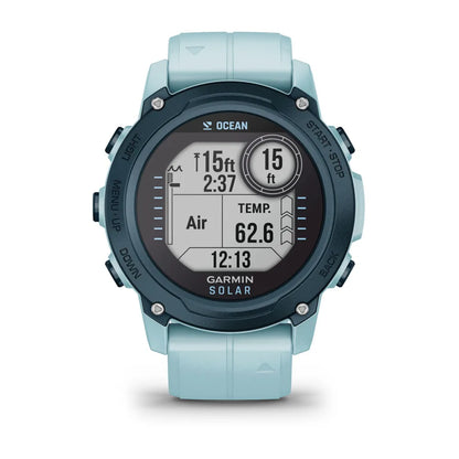 Garmin Descent G1 Solar - Ocean Edition smartwatch displaying depth, air temperature, and time on its screen, featuring a light blue strap and a rugged design.