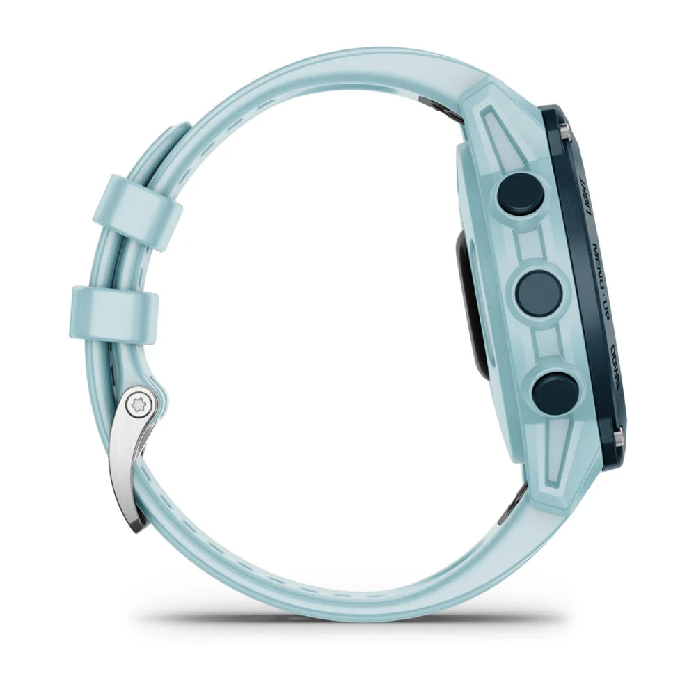 Garmin Descent G1 Solar - Ocean Edition smartwatch shown from the side, featuring a light blue strap and a dark blue face with multiple buttons.