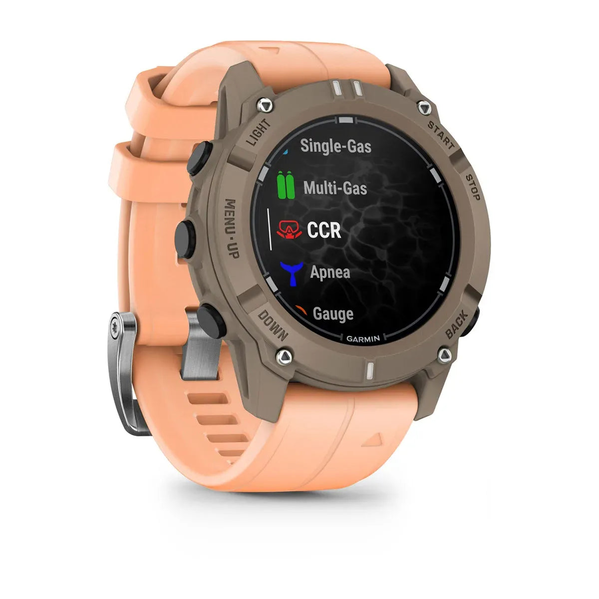 Garmin Descent G2 Paloma – side profile of light strap and buttons
