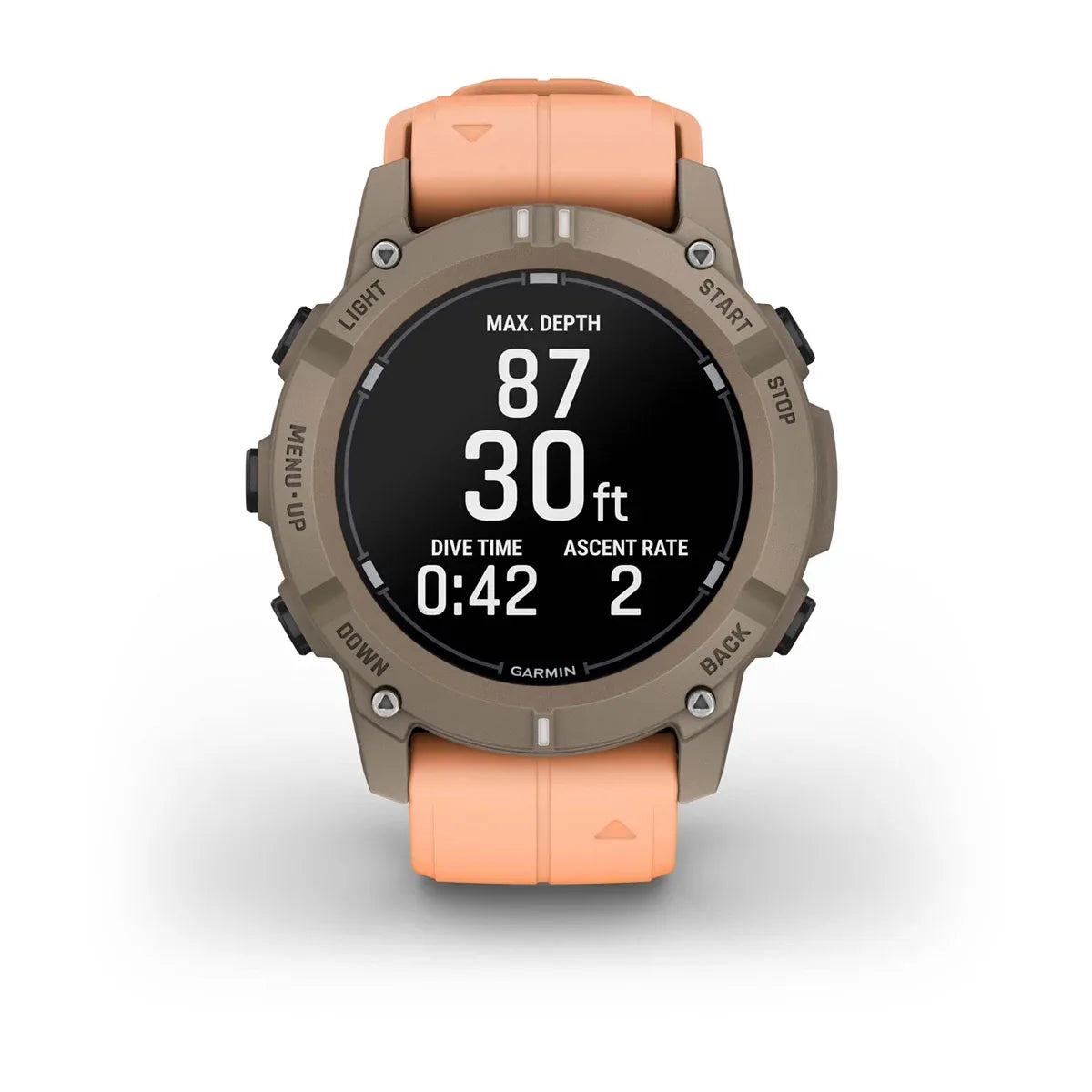 Garmin Descent G2 Paloma – angled dial showing dive metrics