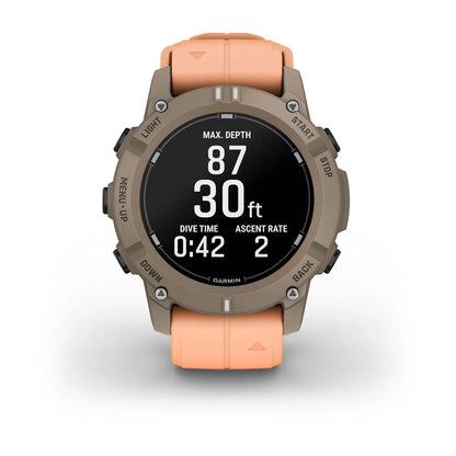 Garmin Descent G2 Paloma – angled dial showing dive metrics