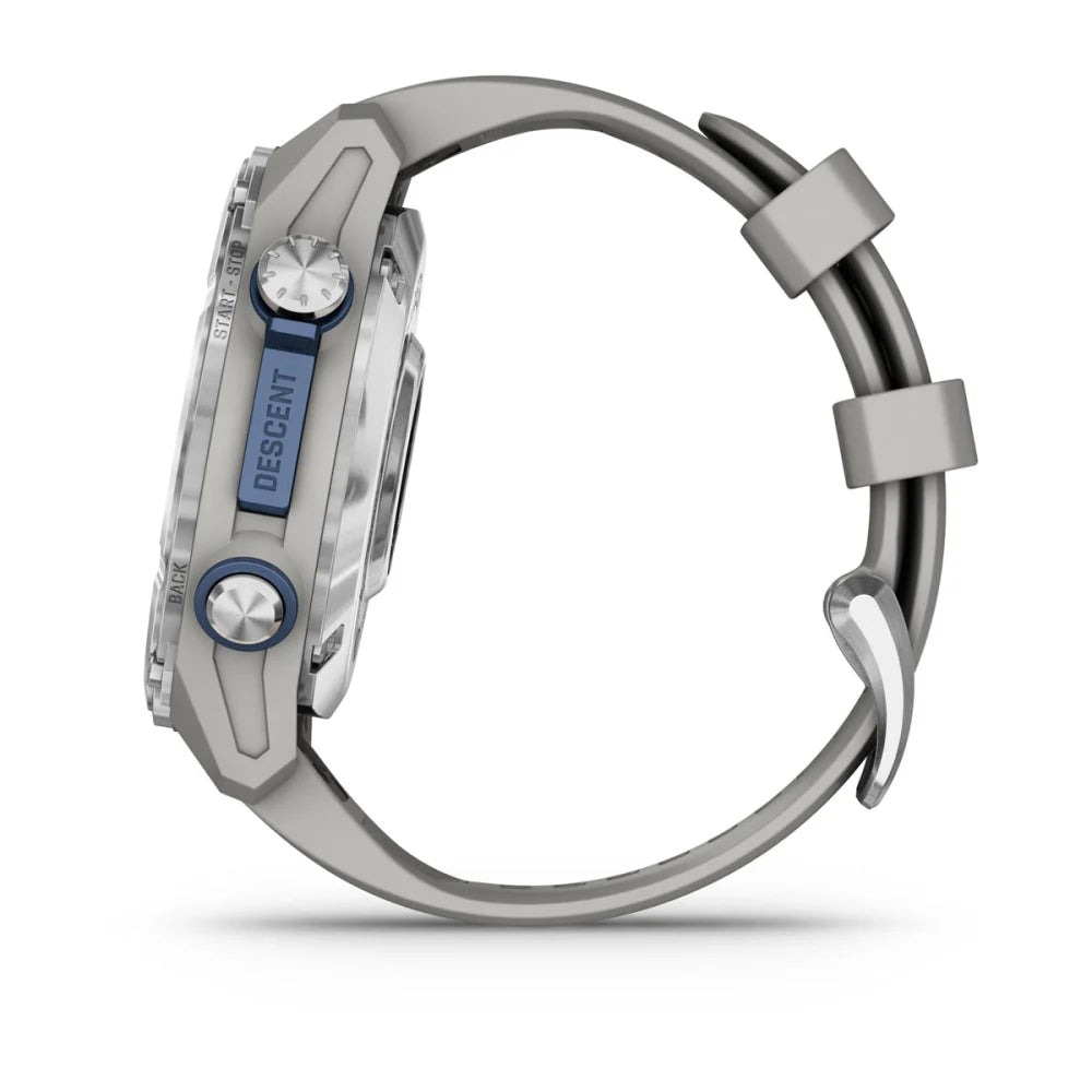 Side view of the Garmin Descent Mk3 dive watch, showcasing its buttons and sleek design.