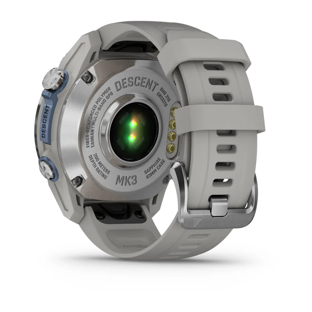 Garmin Descent Mk3 smartwatch with a gray strap, showcasing the back view with sensors and model details.