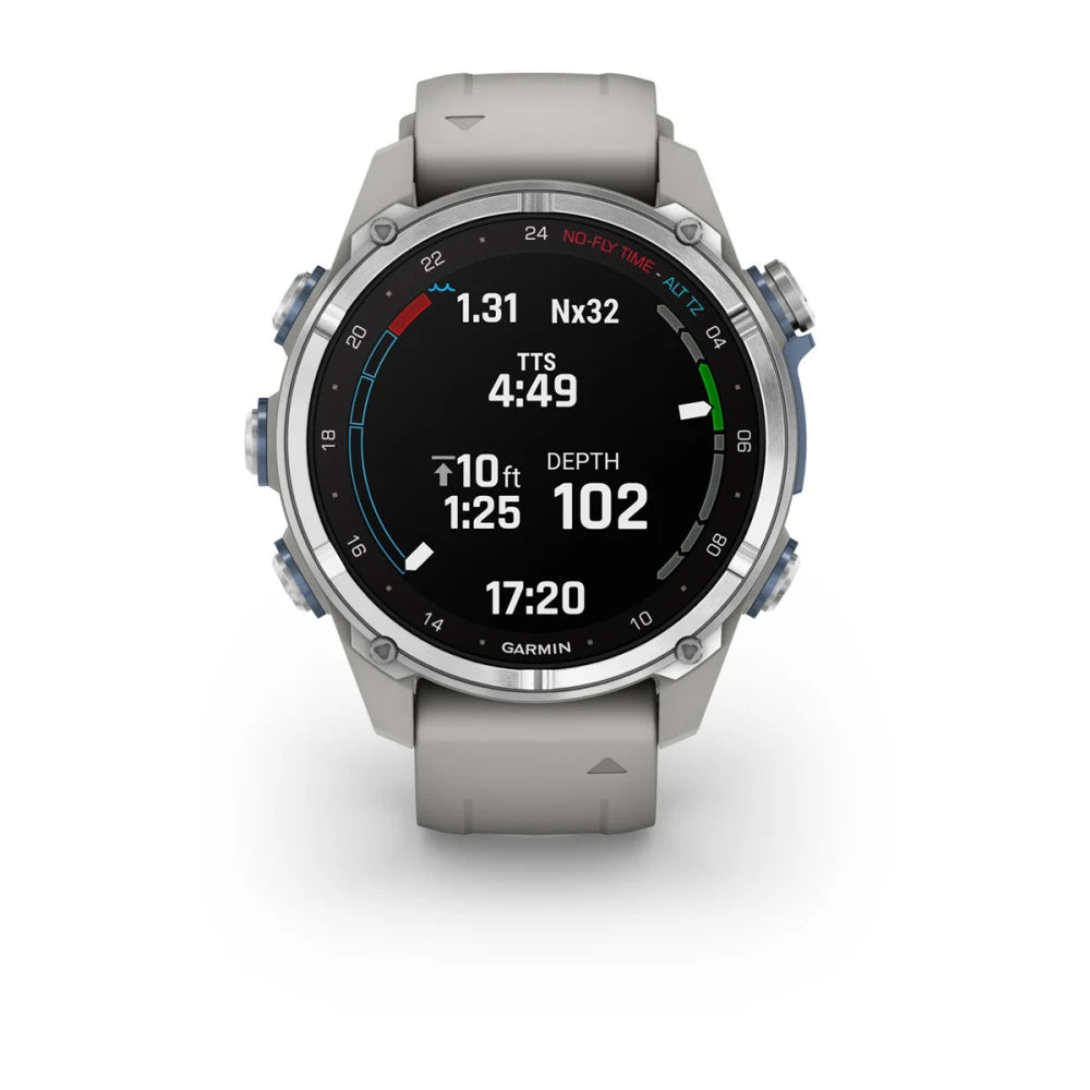 Garmin Descent Mk3 smartwatch displaying dive metrics including depth, time to surface, and no-fly time.