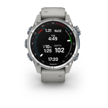 Garmin Descent Mk3 smartwatch displaying dive metrics including depth, time to surface, and no-fly time.