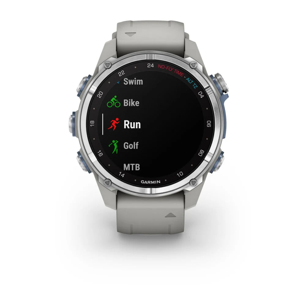 Garmin Descent Mk3 smartwatch displaying activity options for Swim, Bike, Run, Golf, and MTB on a black screen.
