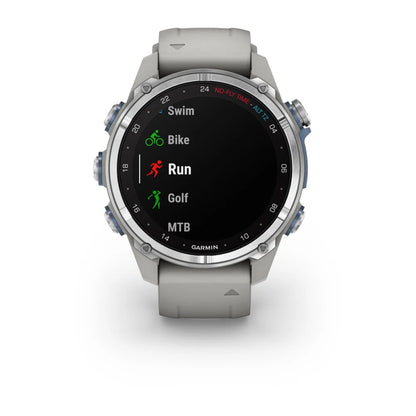 Garmin Descent Mk3 smartwatch displaying activity options for Swim, Bike, Run, Golf, and MTB on a black screen.