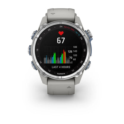 Garmin Descent Mk3 smartwatch displaying heart rate and activity data over the last four hours.