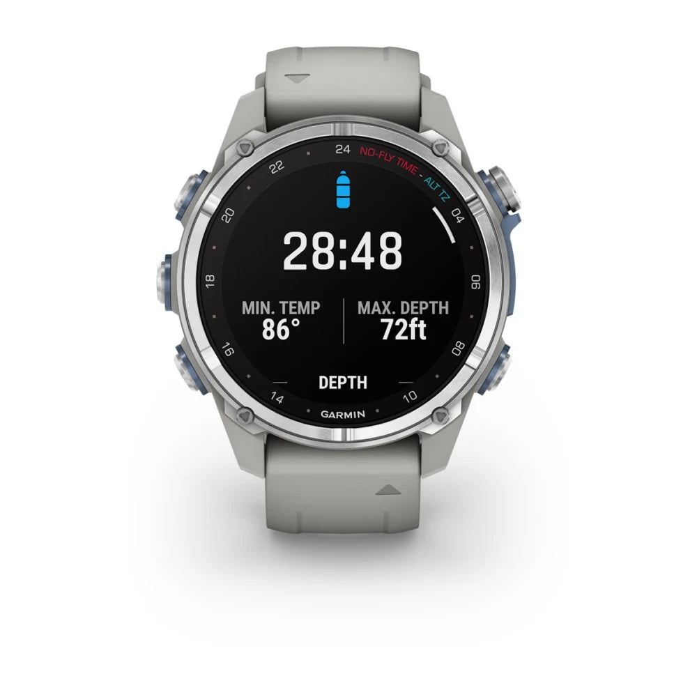 Garmin Descent Mk3 diving watch displaying a timer of 28:48, minimum temperature of 86°F, and maximum depth of 72ft.
