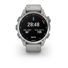 Garmin Descent Mk3 diving watch displaying a timer of 28:48, minimum temperature of 86°F, and maximum depth of 72ft.