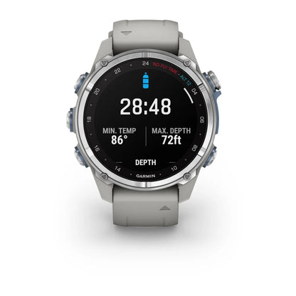 Garmin Descent Mk3 diving watch displaying a timer of 28:48, minimum temperature of 86°F, and maximum depth of 72ft.