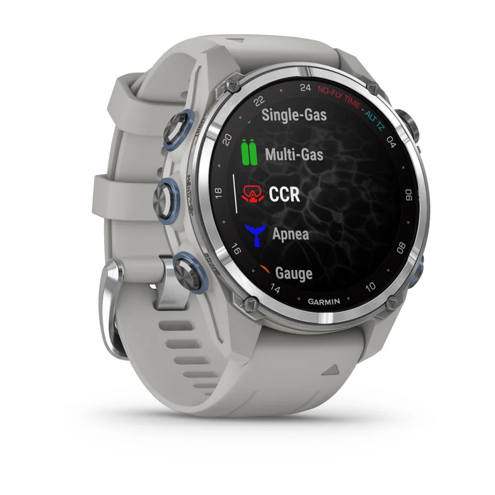 Garmin Descent Mk3 smartwatch displaying various diving modes including Single-Gas, Multi-Gas, CCR, Apnea, and Gauge on its screen.