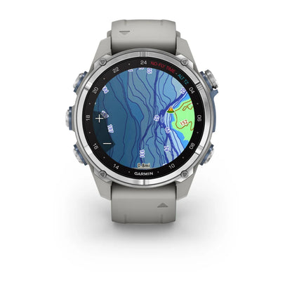 Garmin Descent Mk3 smartwatch displaying a detailed topographic map on its screen, with a gray silicone strap.
