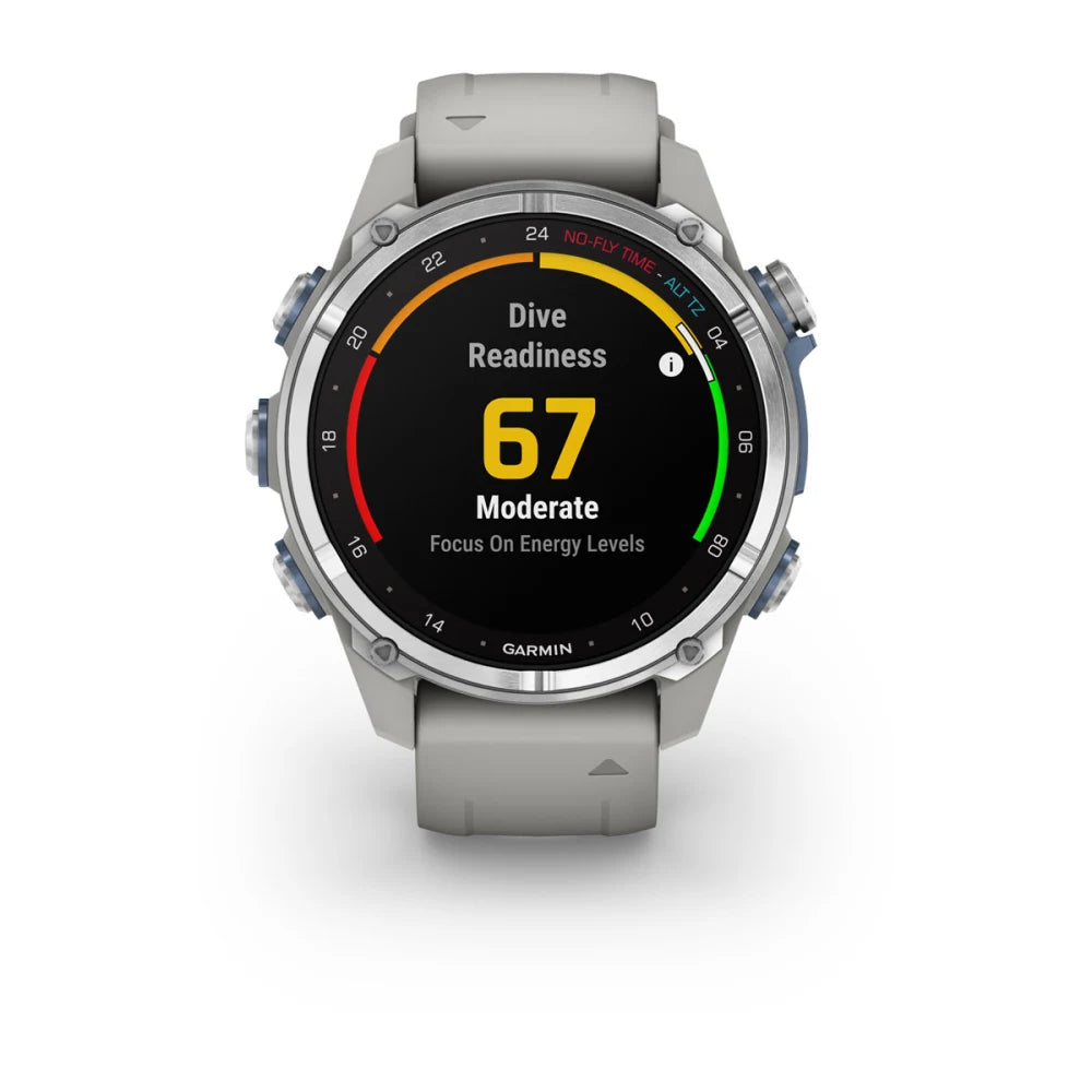 Garmin Descent Mk3 smartwatch displaying dive readiness level of 67, indicating moderate status and a focus on energy levels.
