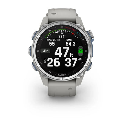 Garmin Descent Mk3 dive watch displaying max depth, temperature, air supply, and no-decompression limits.