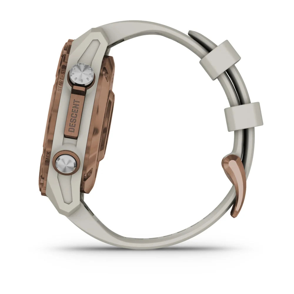 Garmin Descent Mk3i dive watch displayed from the side, featuring a bronze and white design with two buttons.