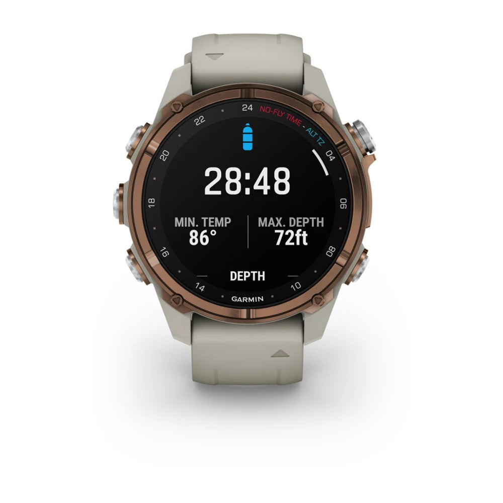 Garmin Descent Mk3i smartwatch displaying dive data including time, minimum temperature, and maximum depth.