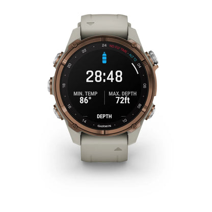 Garmin Descent Mk3i smartwatch displaying dive data including time, minimum temperature, and maximum depth.