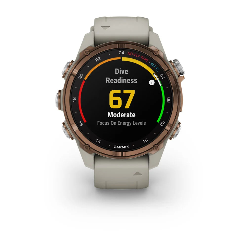 Garmin Descent Mk3i smartwatch displaying dive readiness score of 67, categorized as moderate, with a focus on energy levels.