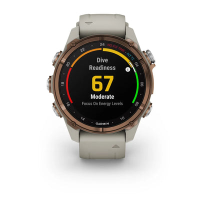 Garmin Descent Mk3i smartwatch displaying dive readiness score of 67, categorized as moderate, with a focus on energy levels.