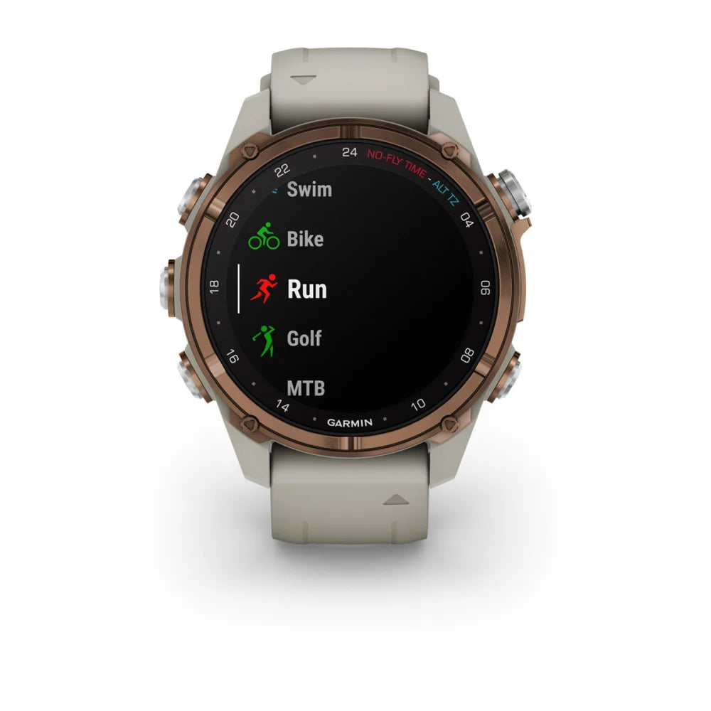 Garmin Descent Mk3i smartwatch displaying activity options including Swim, Bike, Run, Golf, and MTB on a black screen with a bronze bezel.