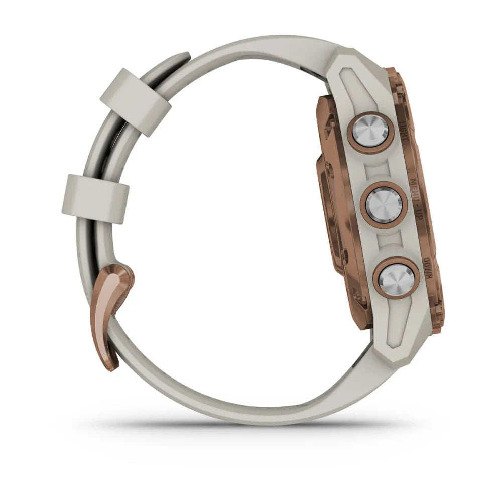 Side view of the Garmin Descent Mk3i smartwatch, featuring a sleek design with three buttons and a two-tone strap.