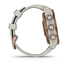 Side view of the Garmin Descent Mk3i smartwatch, featuring a sleek design with three buttons and a two-tone strap.