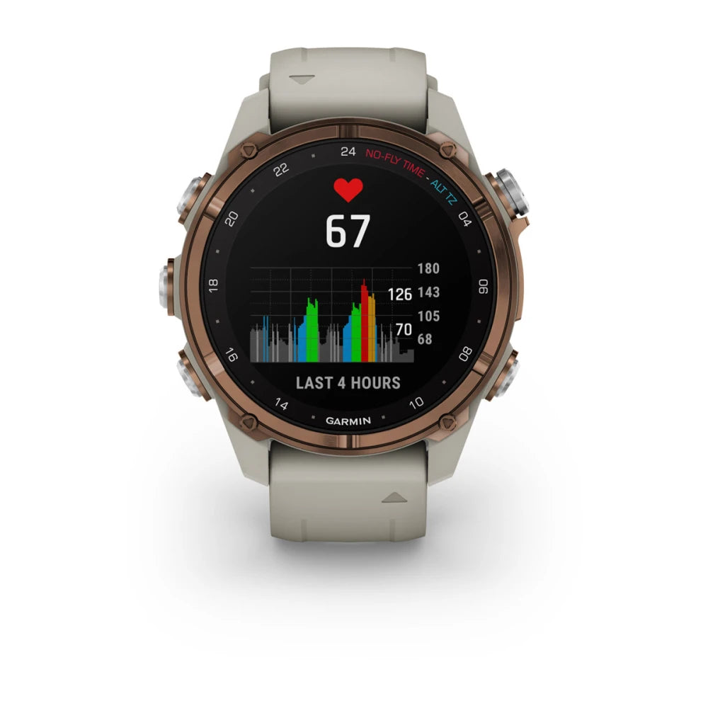 Garmin Descent Mk3i smartwatch displaying heart rate of 67 and a colorful graph of data from the last 4 hours.