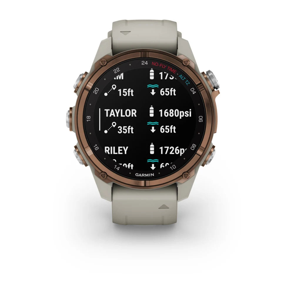 Garmin Descent Mk3i smartwatch displaying dive data, including depth and pressure readings.