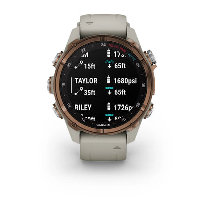 Garmin Descent Mk3i smartwatch displaying dive data, including depth and pressure readings.