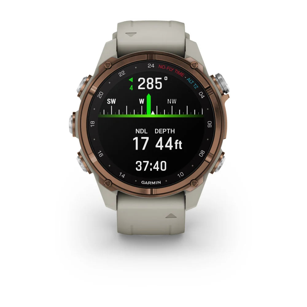 Garmin Descent Mk3i dive watch displaying compass direction, depth of 17 feet, no-decompression limit, and elapsed time.