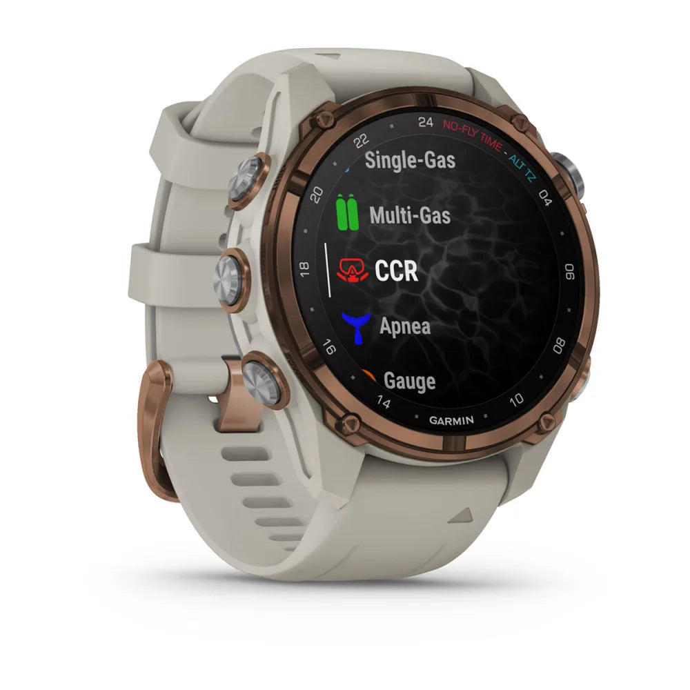 Garmin Descent Mk3i smartwatch displaying diving modes including Single-Gas, Multi-Gas, CCR, Apnea, and Gauge.