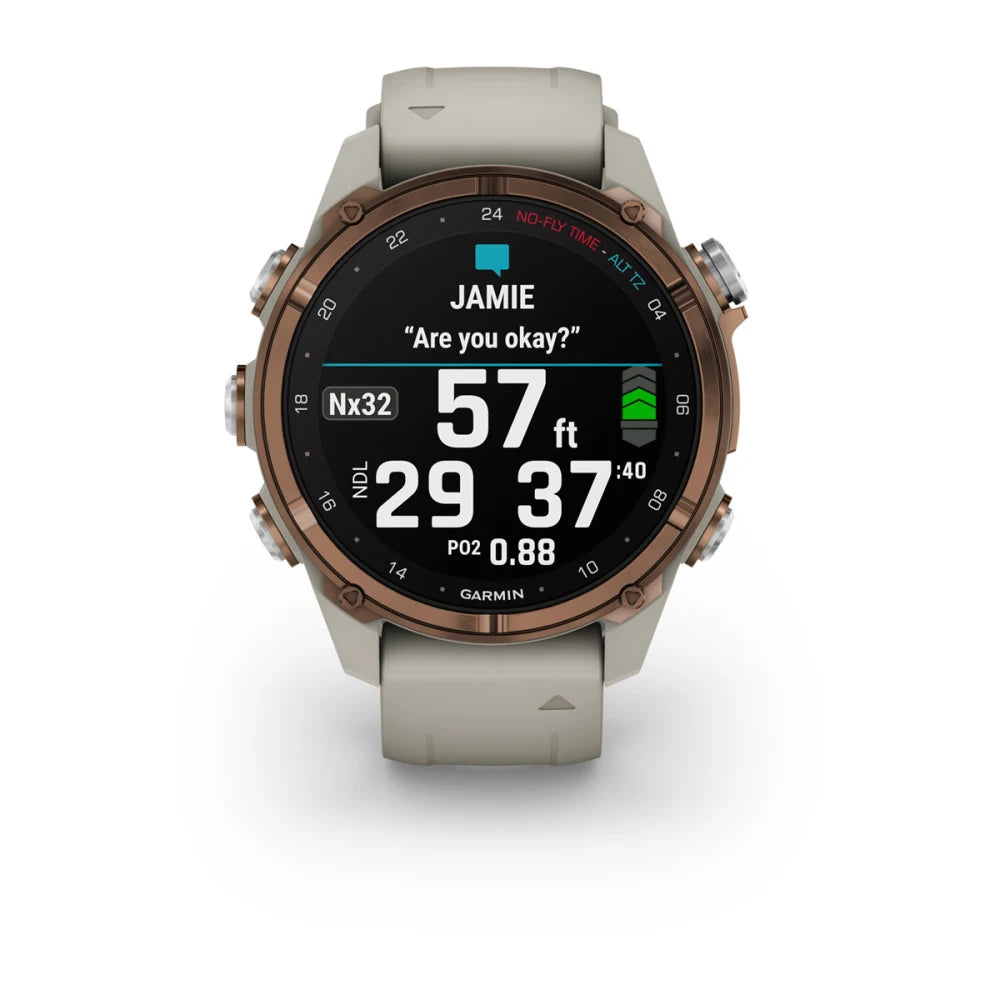 Garmin Descent Mk3i dive watch displaying depth, no-decompression limits, and a message asking 'Are you okay?'
