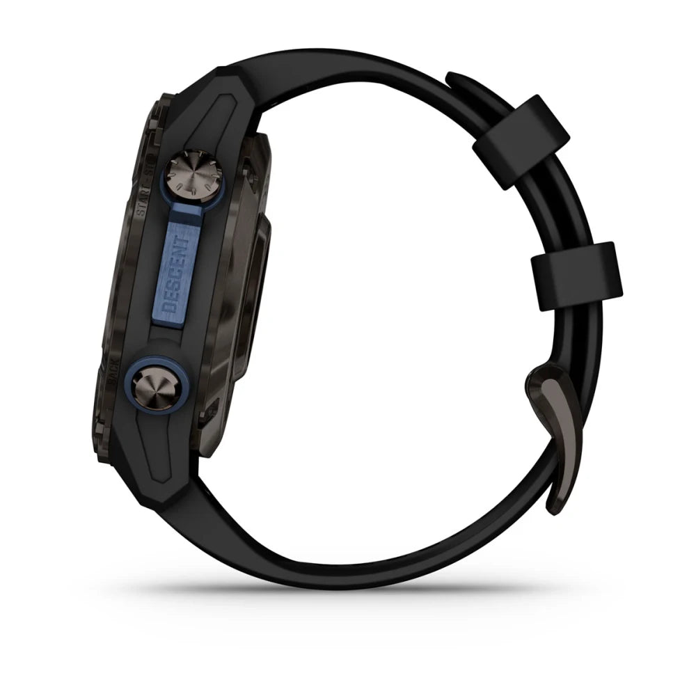 Garmin Descent Mk3i smartwatch shown from the side, featuring a black and gray design with a blue accent on the display.