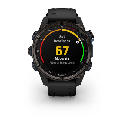 Garmin Descent Mk3i smartwatch displaying a Dive Readiness score of 67, indicating moderate readiness and a focus on energy levels.