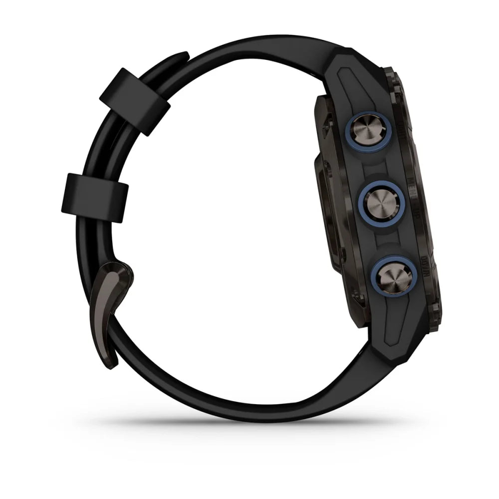 Garmin Descent Mk3i smartwatch shown from the side, featuring a black strap and three prominent buttons.