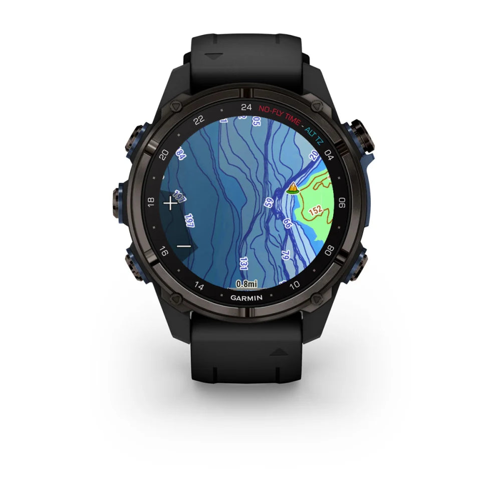 Garmin Descent Mk3i smartwatch displaying a topographic map with various depth contours and navigation details.