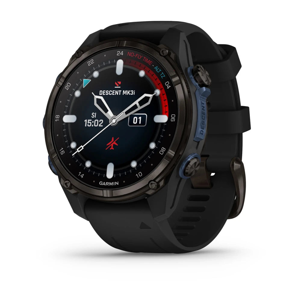 Garmin Descent Mk3i smartwatch displaying time and diving metrics, featuring a black strap and a round face with a digital interface.