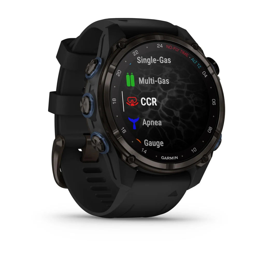 Garmin Descent Mk3i smartwatch displaying various diving modes including Single-Gas, Multi-Gas, CCR, Apnea, and Gauge.