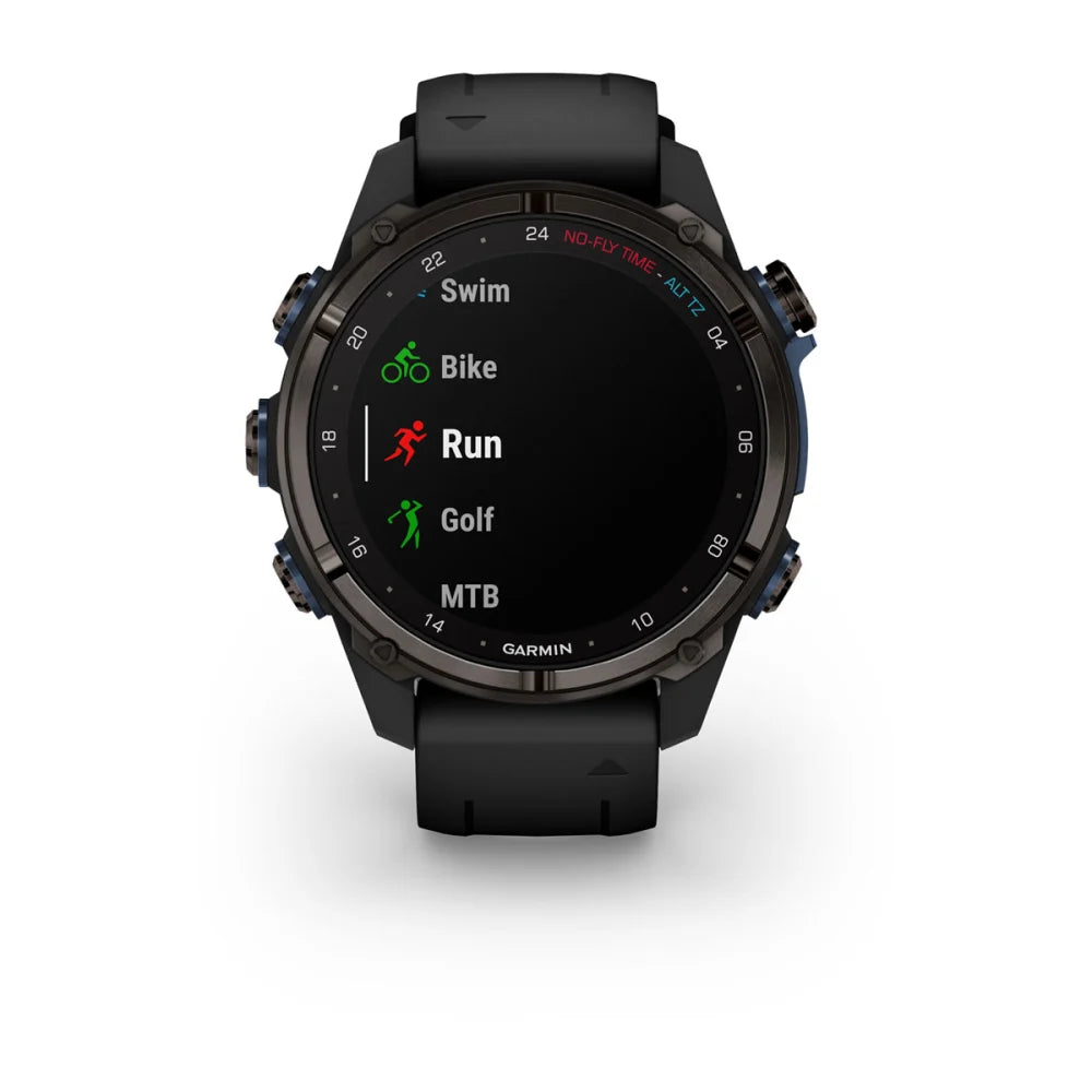Garmin Descent Mk3i smartwatch displaying activity options for Swim, Bike, Run, Golf, and MTB on its screen.