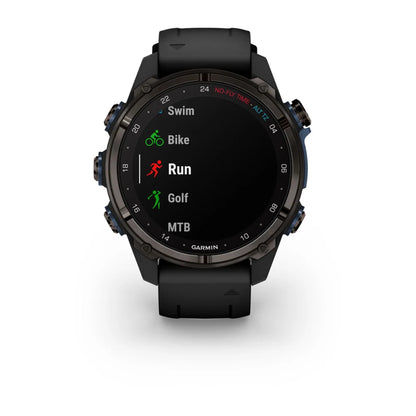 Garmin Descent Mk3i smartwatch displaying activity options for Swim, Bike, Run, Golf, and MTB on its screen.