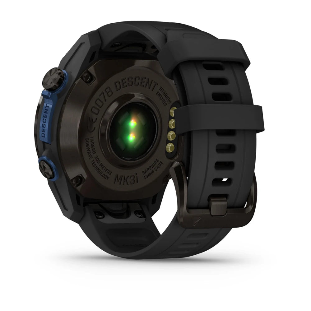 Garmin Descent Mk3i smartwatch showing the back view with sensors and a black strap.