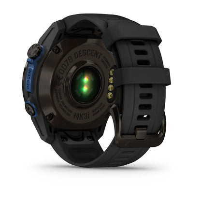 Garmin Descent Mk3i smartwatch showing the back view with sensors and a black strap.