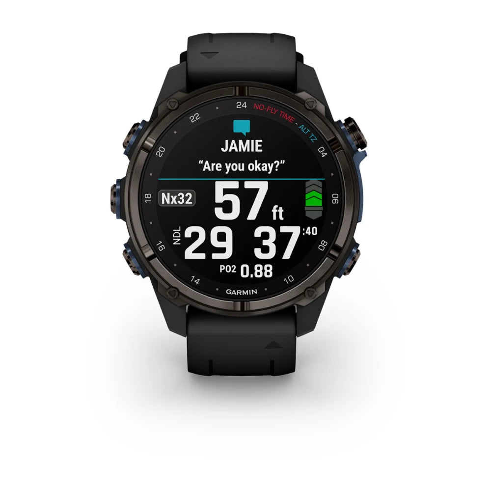 Garmin Descent Mk3i smartwatch displaying diving metrics, including depth, no-fly time, and a message asking 'Are you okay?'