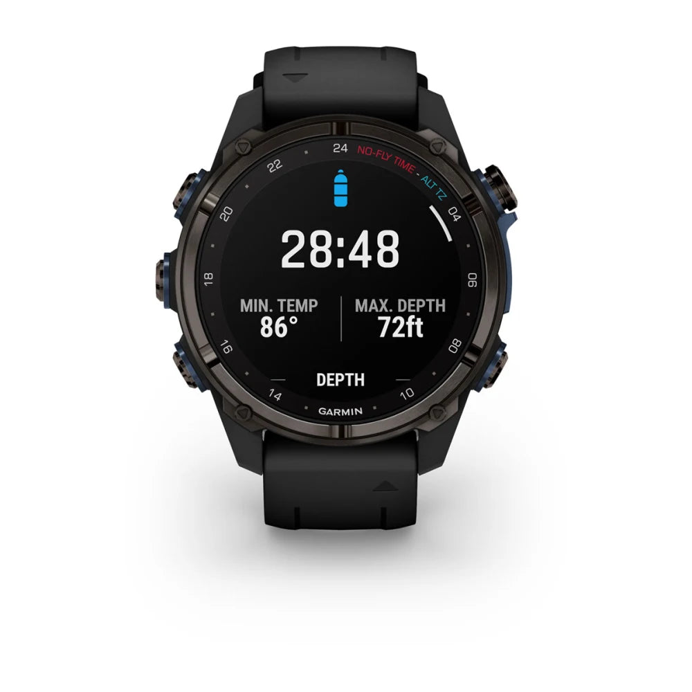 Garmin Descent Mk3i smartwatch displaying dive information including time, minimum temperature, and maximum depth.