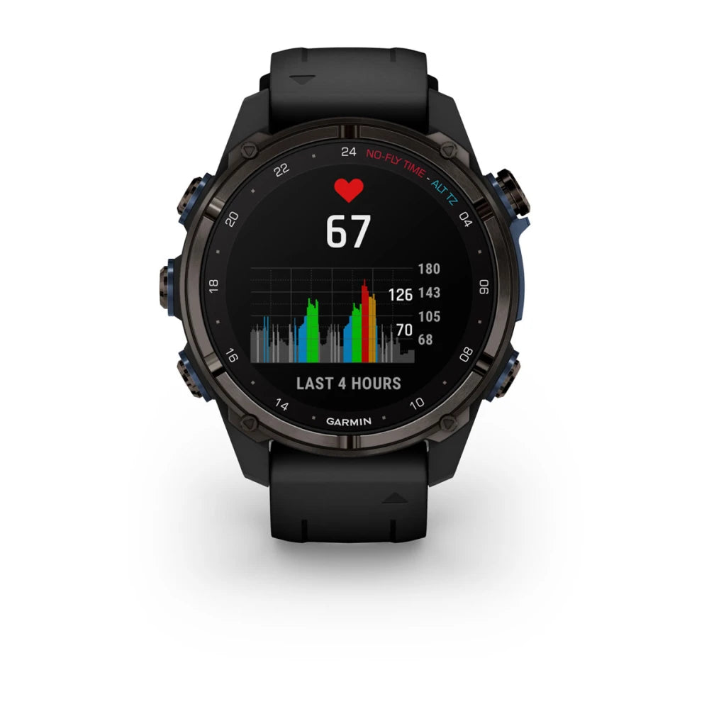 Garmin Descent Mk3i smartwatch displaying heart rate and activity data for the last 4 hours.