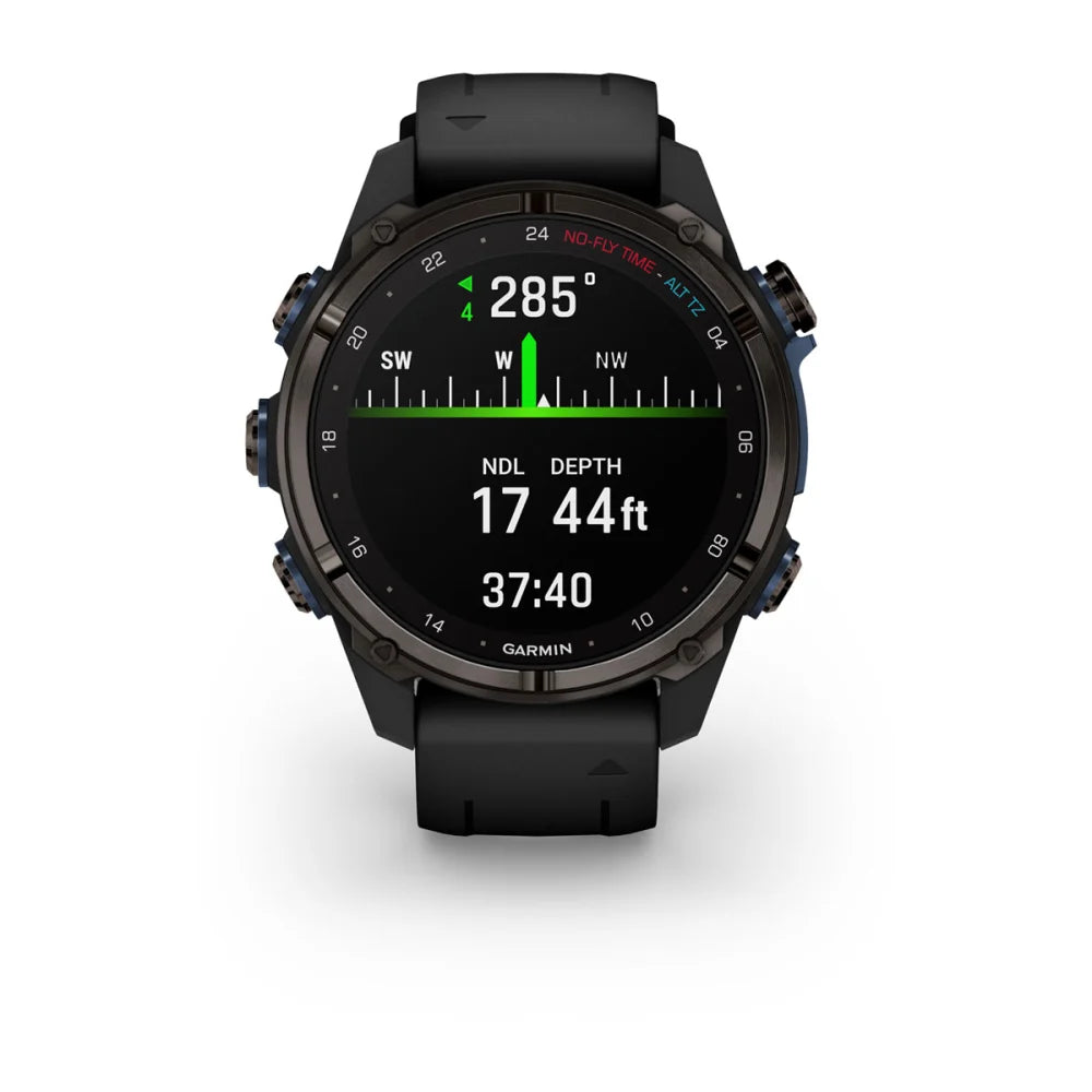 Garmin Descent Mk3i dive watch displaying depth, no-decompression limit, and compass information on a black strap.