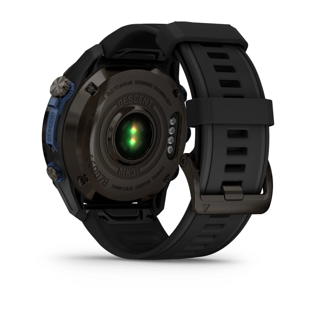 Garmin Descent Mk3i smartwatch showcasing its titanium case and black strap, viewed from the side.